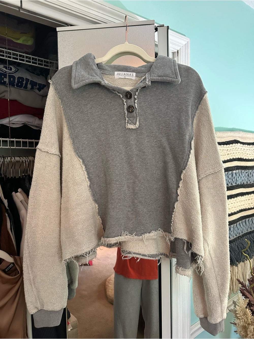 Two-Tone Heather Gray & Cream Collared Sweater